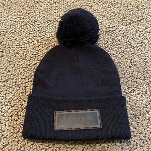 NWT Pom Pom Black Hat with Leather Love Patch